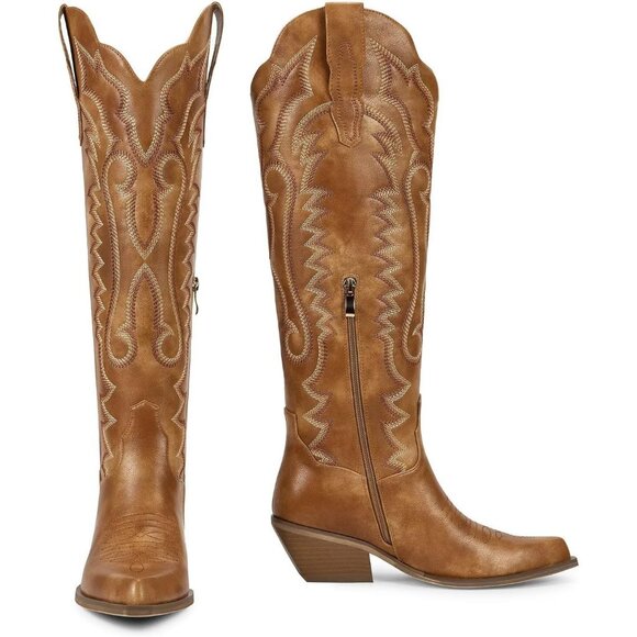 Women's Classic Attract Floral Brown Embroidered Chunky Heel Tall Boot - Picture 3 of 6